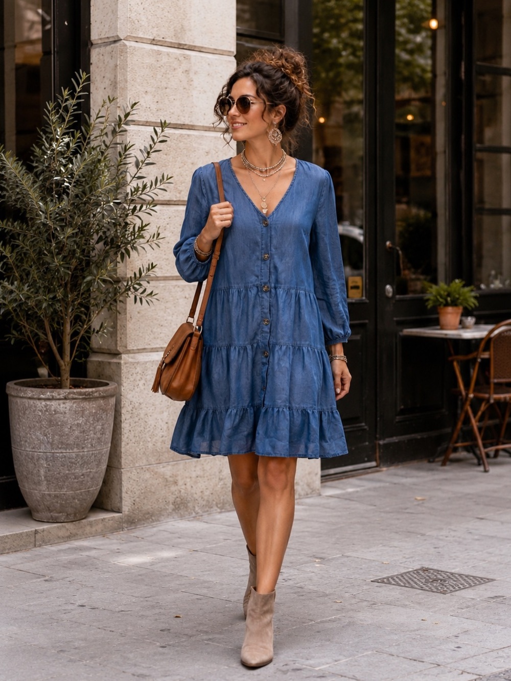 CASA CABANA Vintage-Inspired Blue Long Sleeve Tiered Button Dress S